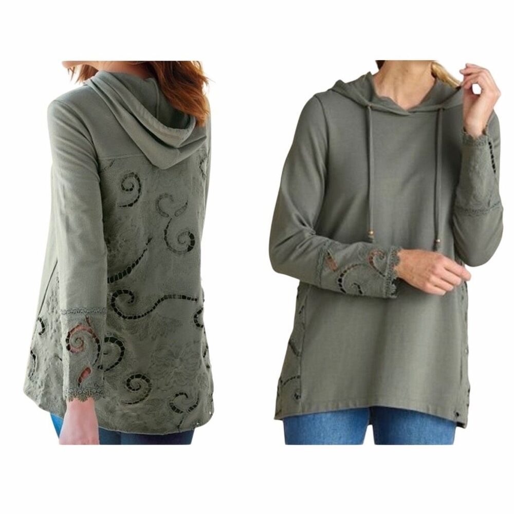 Soft Surroundings Embroidered Cutwork Tunic Hoodie Olive Green boho M NWT